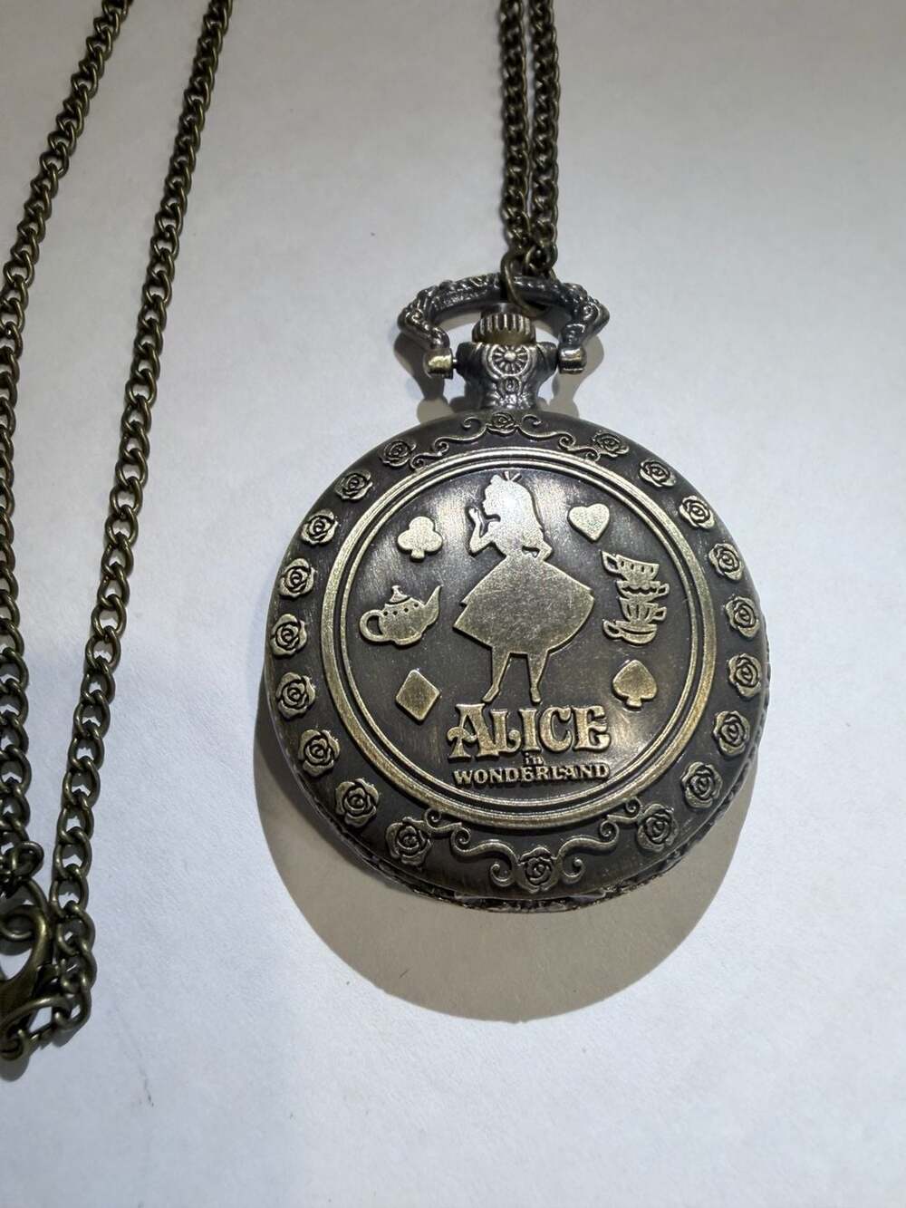 Alice in Wonderland Bronze Quartz Pocket Watch Necklace Chain
